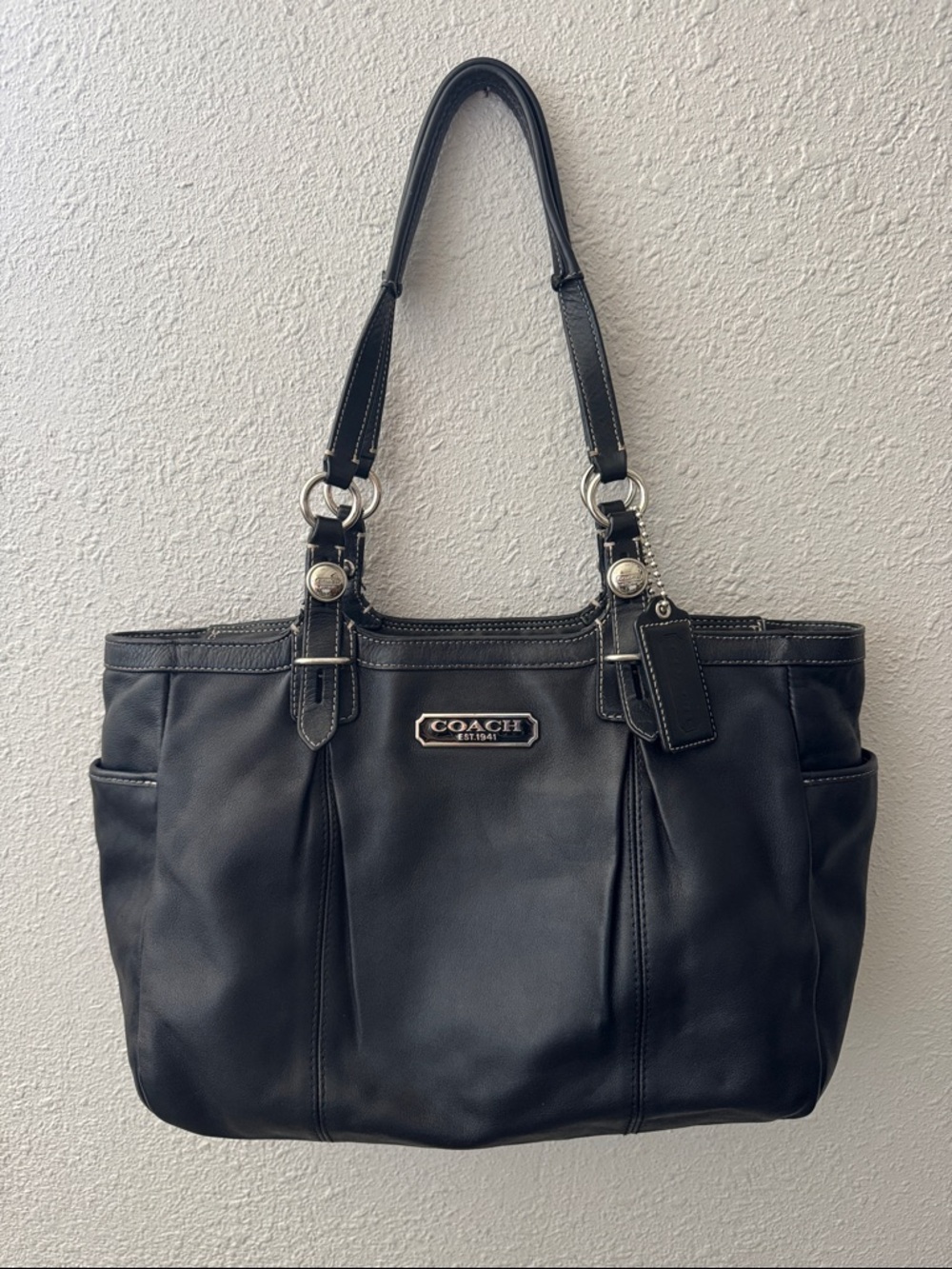 Coach Black Leather Shoulder Bag with Polished Logo Plate